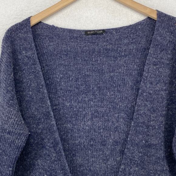 EILEEN FISHER Cardigan Sweater S Wool Stretch Deep V-Neck Button Front Blue - Picture 5 of 12